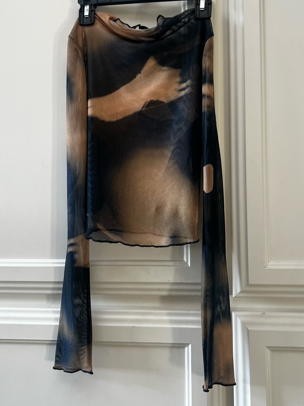 Bershka Sheer Long-Sleeve Tie-Dye Top in Black & Brown